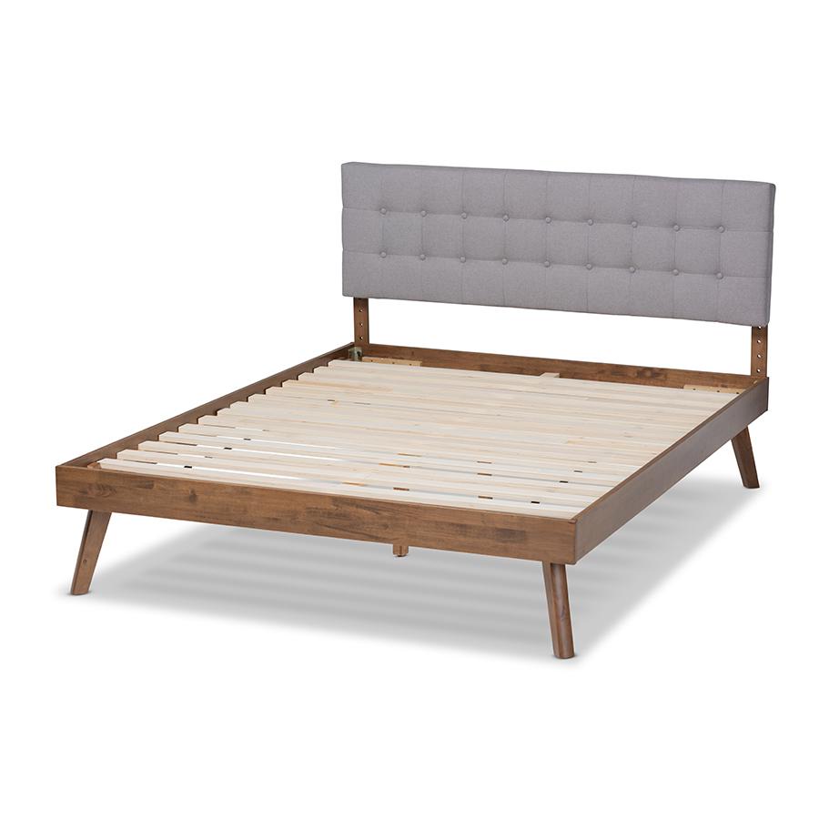 Baxton Studio Devan MidCentury Modern Light Grey Fabric Upholstered Walnut Brown Finished Wood Queen Size Platform Bed. Picture 3