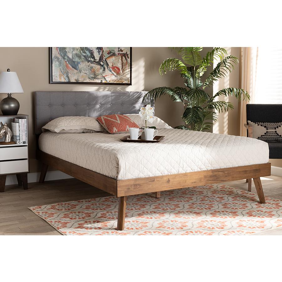 Baxton Studio Devan MidCentury Modern Light Grey Fabric Upholstered Walnut Brown Finished Wood Queen Size Platform Bed. Picture 6