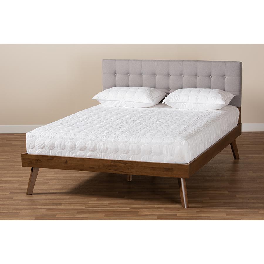 Baxton Studio Devan MidCentury Modern Light Grey Fabric Upholstered Walnut Brown Finished Wood Queen Size Platform Bed. Picture 7