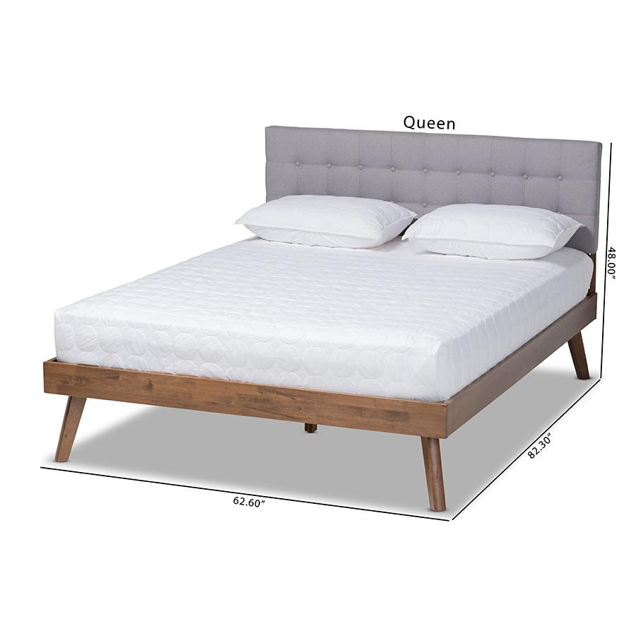 Baxton Studio Devan MidCentury Modern Light Grey Fabric Upholstered Walnut Brown Finished Wood Queen Size Platform Bed. Picture 9