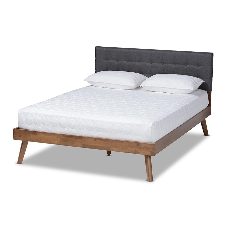 Dark Grey Fabric Upholstered Walnut Brown Finished Wood Queen Size Platform Bed. Picture 1