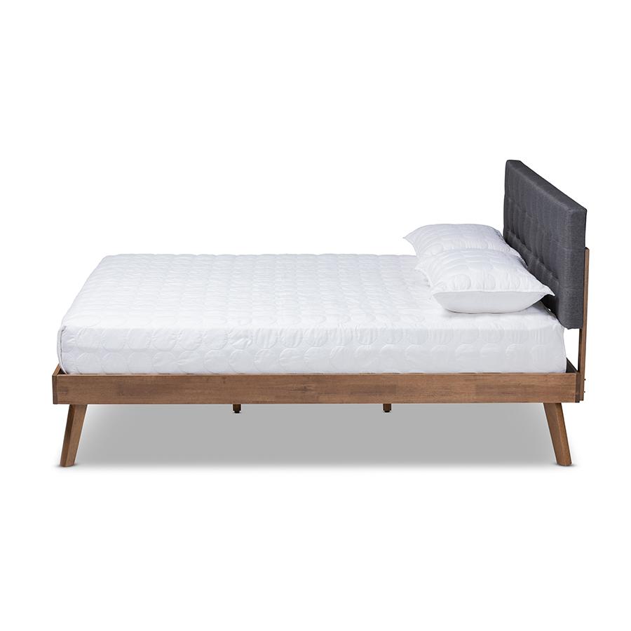 Dark Grey Fabric Upholstered Walnut Brown Finished Wood Queen Size Platform Bed. Picture 2