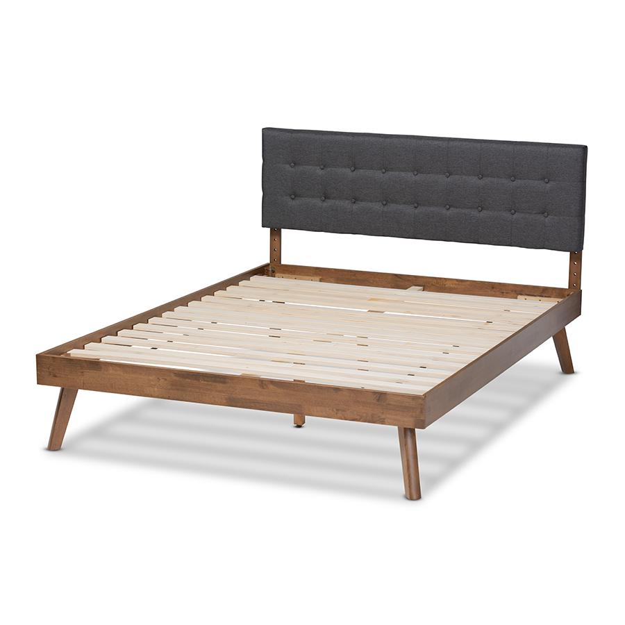 Dark Grey Fabric Upholstered Walnut Brown Finished Wood Queen Size Platform Bed. Picture 3