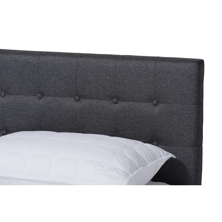 Dark Grey Fabric Upholstered Walnut Brown Finished Wood Queen Size Platform Bed. Picture 4