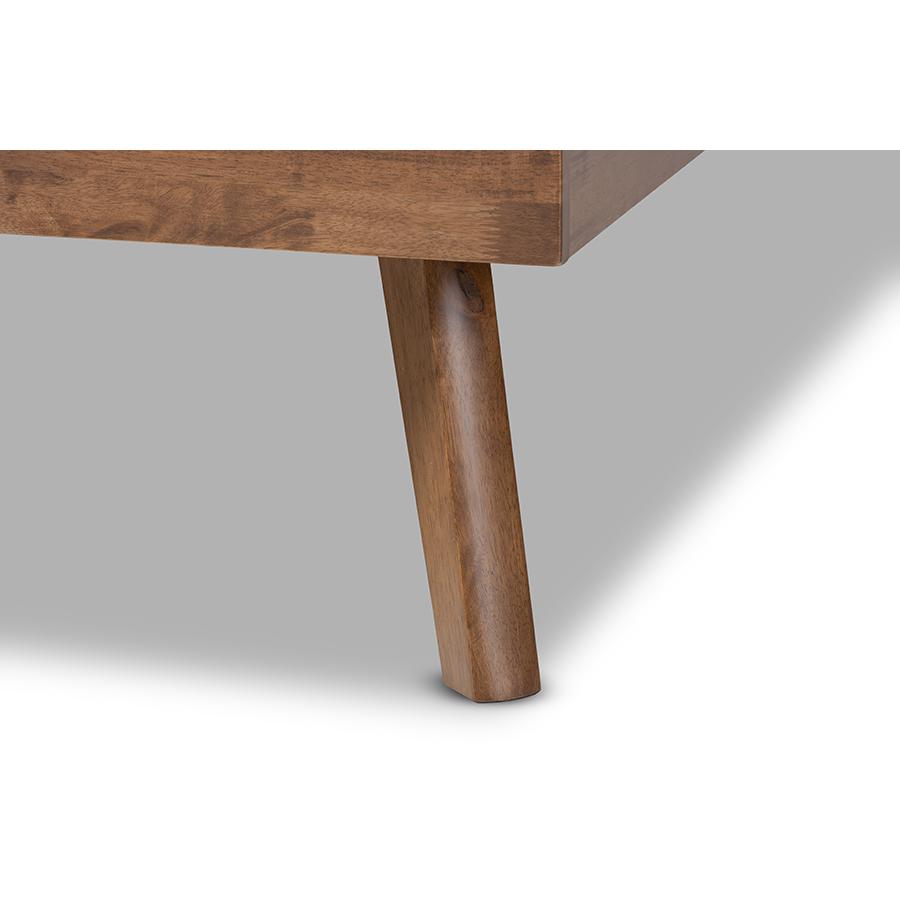 Dark Grey Fabric Upholstered Walnut Brown Finished Wood Queen Size Platform Bed. Picture 5