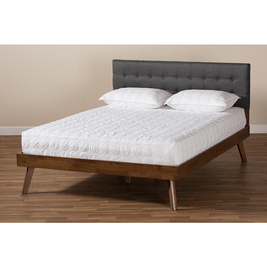 Dark Grey Fabric Upholstered Walnut Brown Finished Wood Queen Size Platform Bed. Picture 7
