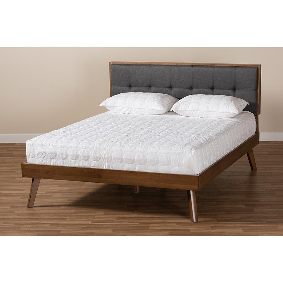 Dark Grey Fabric Upholstered Walnut Brown Finished Wood Queen Size Platform Bed. Picture 7