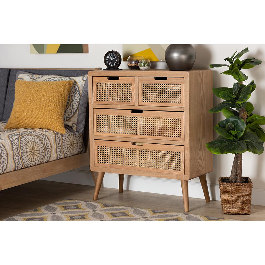 Medium Oak Finished Wood and Rattan 4-Drawer Accent Storage Cabinet. Picture 10