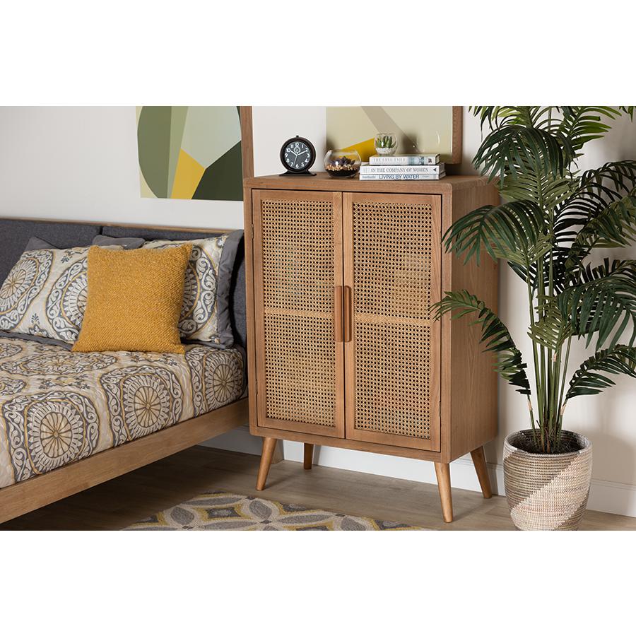 Medium Oak Finished Wood and Rattan 2-Door Accent Storage Cabinet. Picture 19
