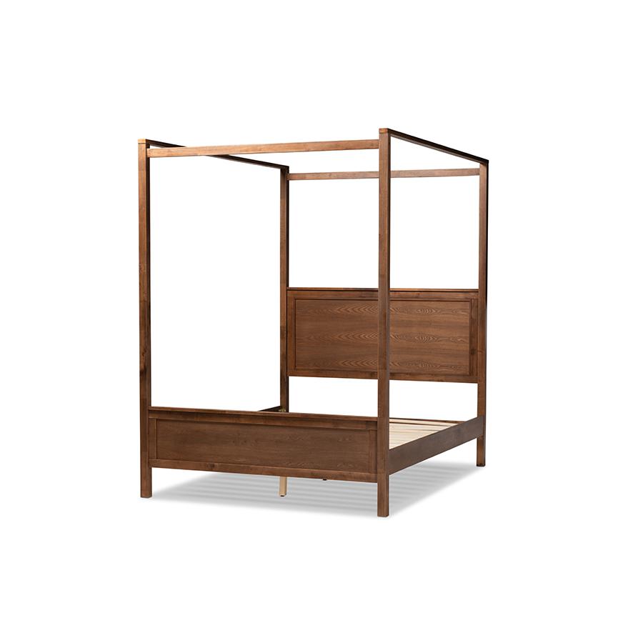 Walnut Brown Finished Wood King Size Platform Canopy Bed. Picture 1
