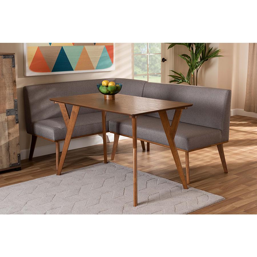 Grey Fabric Upholstered and Walnut Brown Finished Wood 3-Piece Dining Nook Set. Picture 21