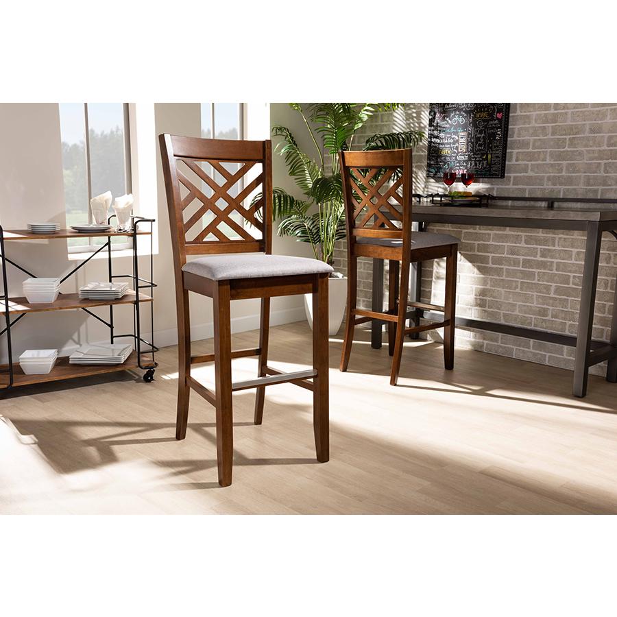 Grey Fabric Upholstered and Walnut Brown Finished Wood 2-Piece Bar Stool Set. Picture 19