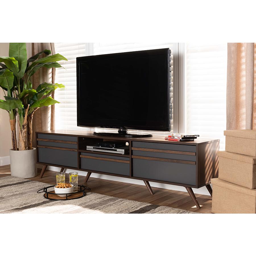 Two-Tone Grey and Walnut Finished Wood TV Stand with Drop-Down Compartments. Picture 19