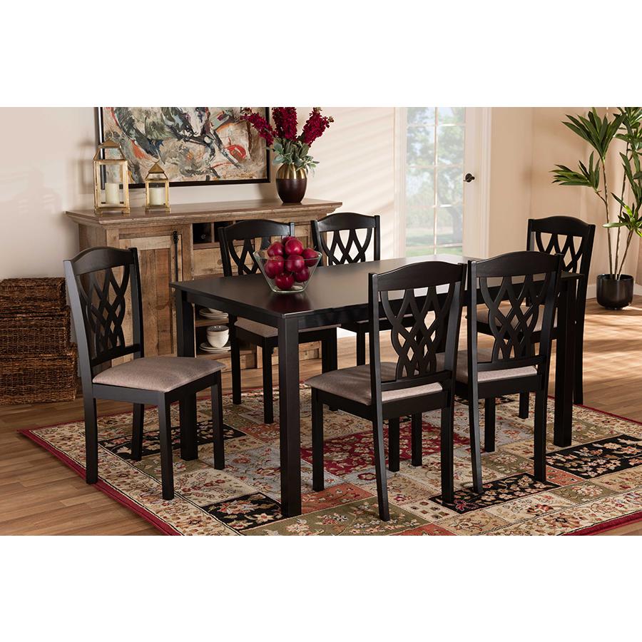 Sand Fabric Upholstered and Dark Brown Finished Wood 7-Piece Dining Set. Picture 17