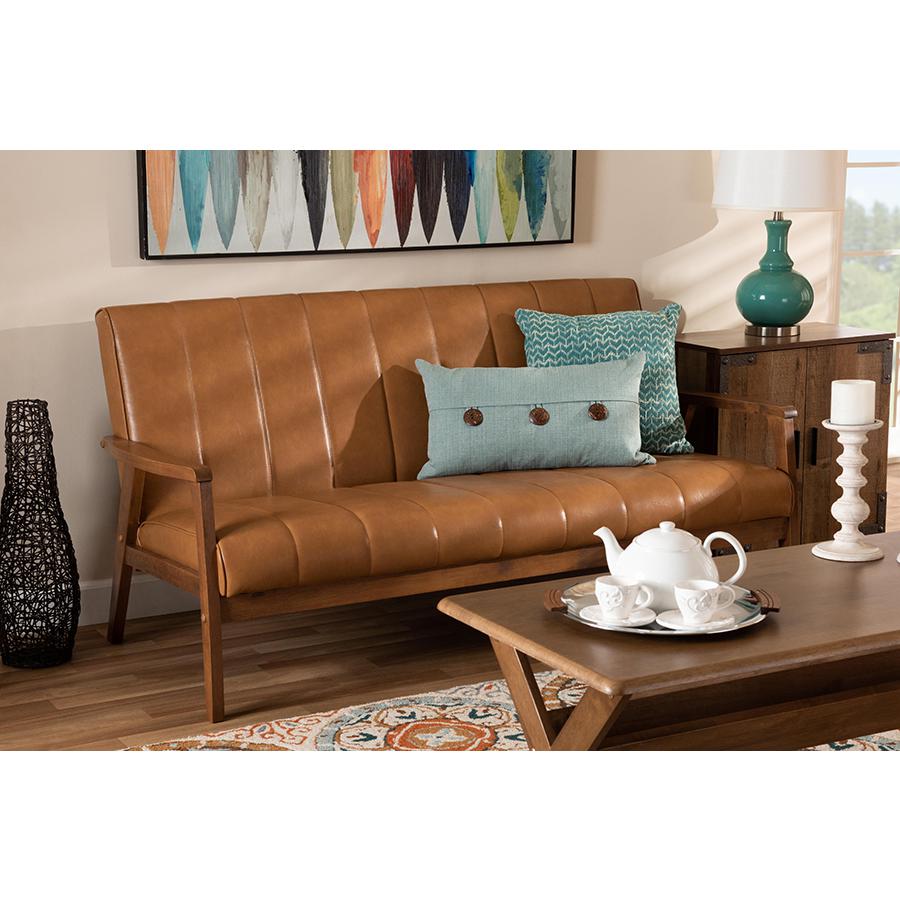 Leather Upholstered and Walnut Brown finished Wood Sofa. Picture 19