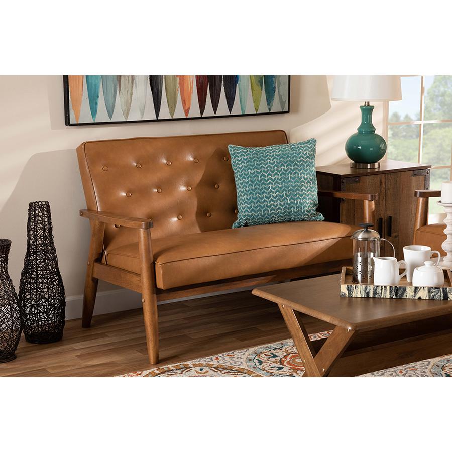 Leather Upholstered and Walnut Brown Finished Wood Loveseat. Picture 19
