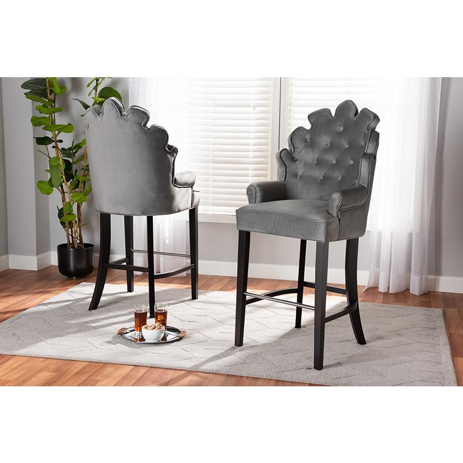 Dark Grey Velvet Upholstered and Dark Brown Finished Wood 2-Piece Bar Stool Set. Picture 17