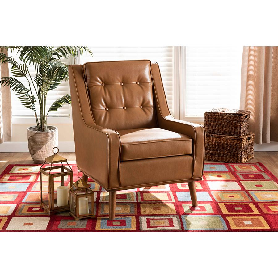 Tan Faux Leather Upholstered and Walnut Brown Finished Wood Lounge Armchair. Picture 21