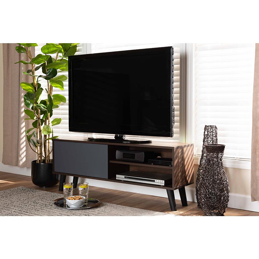 Two-Tone Walnut Brown and Grey Finished Wood TV Stand. Picture 17