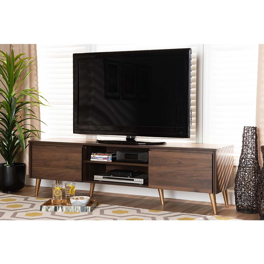 Landen Mid-Century Modern Walnut Brown and Gold Finished Wood TV Stand. Picture 19