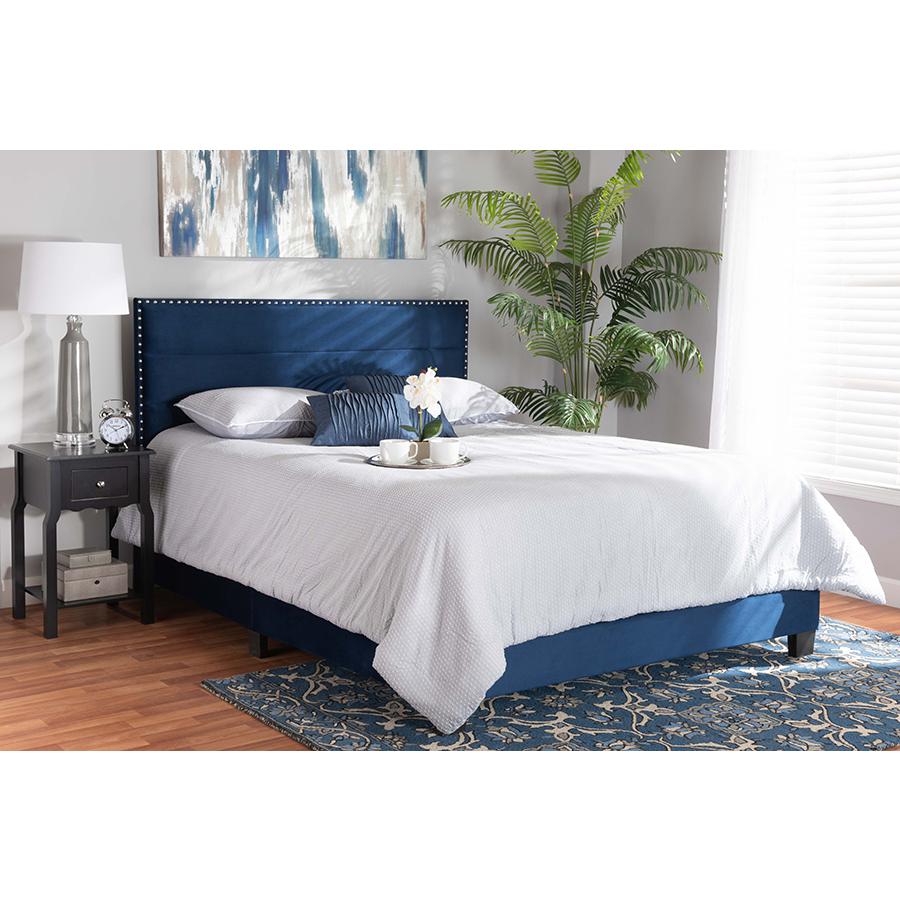 Glam Navy Blue Velvet Fabric Upholstered Queen Size Panel Bed. Picture 19