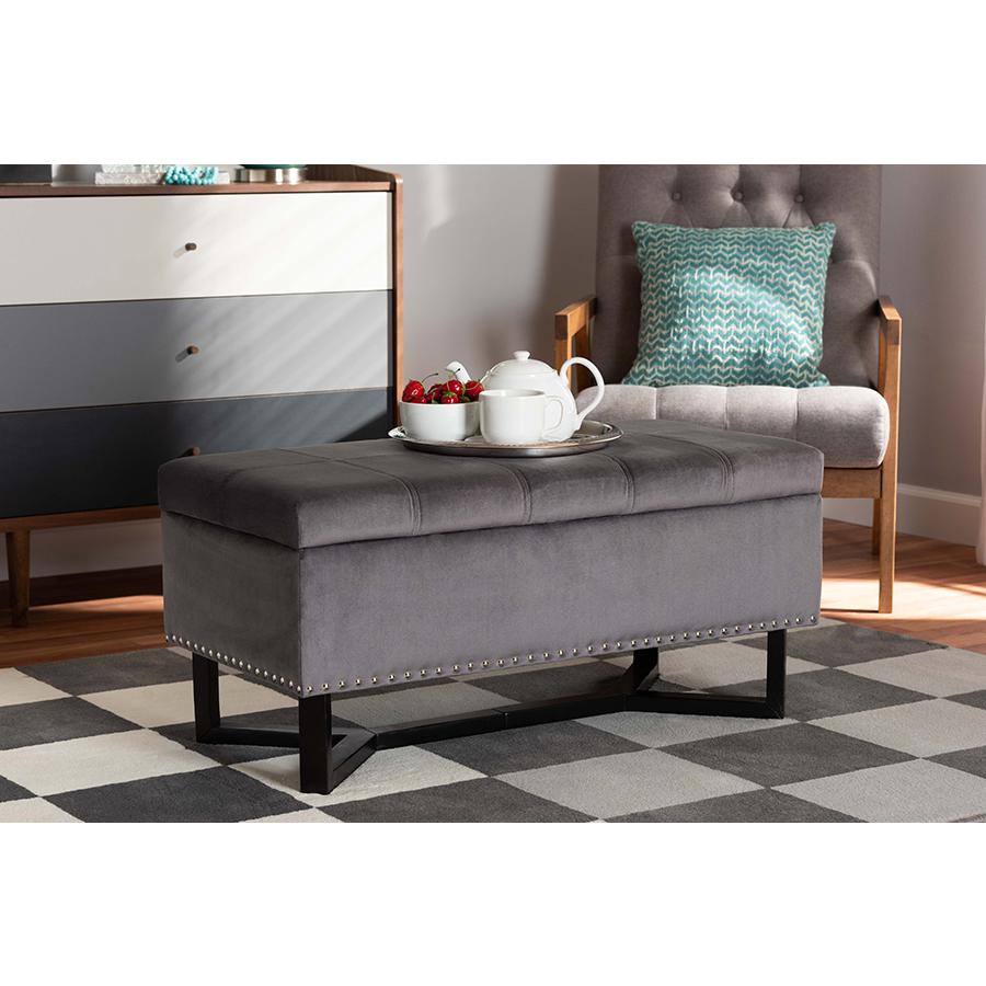 Grey Velvet Fabric Upholstered and Dark Brown Finished Wood Storage Ottoman. Picture 23