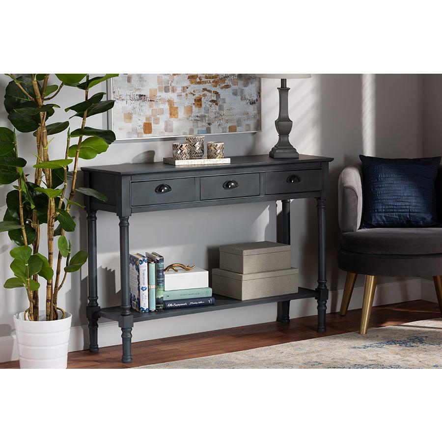Garvey French Provincial Dark Blue Gray Wood 3-Drawer Entryway Console Table. Picture 19
