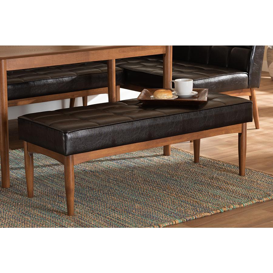 Leather Upholstered and Walnut Brown Finished Wood Dining Bench. Picture 17