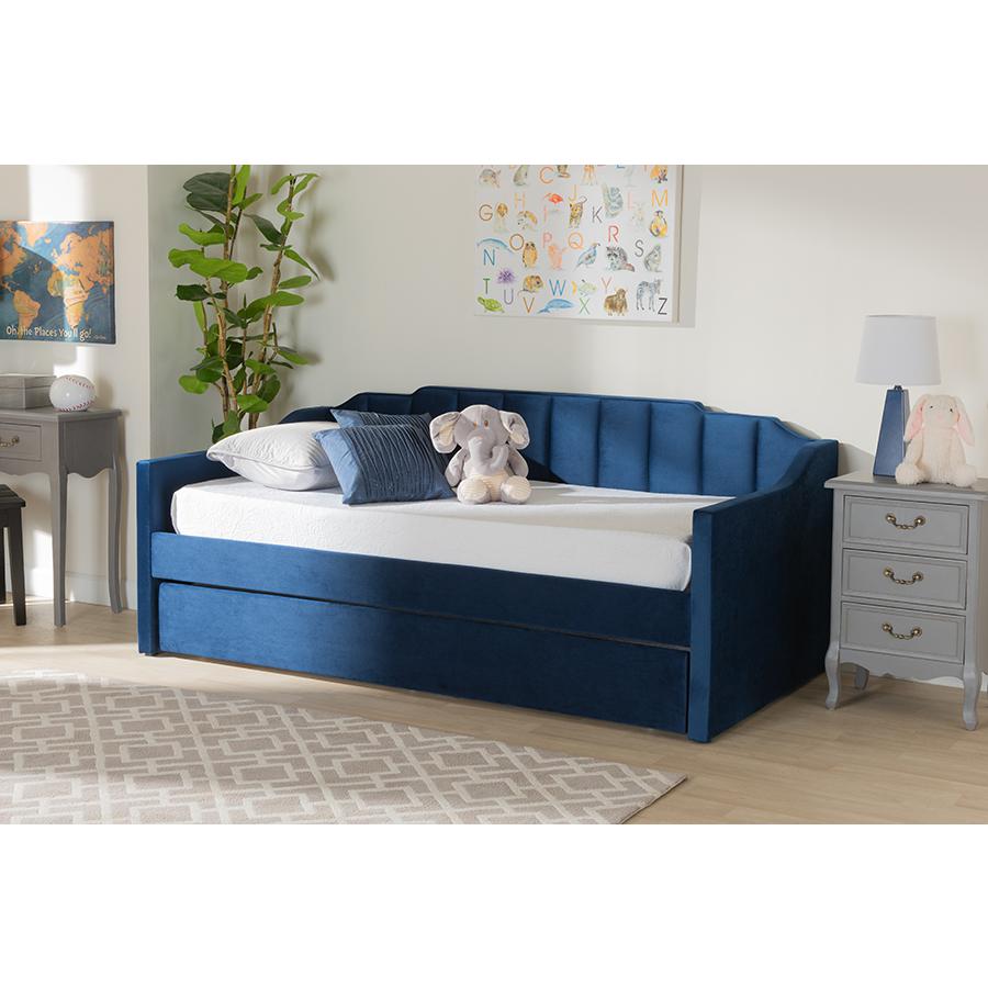 Navy Blue Velvet Fabric Upholstered Twin Size Daybed with Trundle. Picture 21