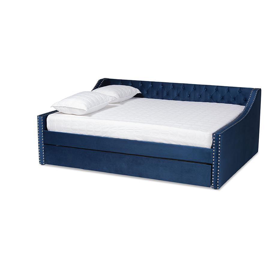 Navy Blue Velvet Fabric Upholstered Queen Size Daybed with Trundle. Picture 1