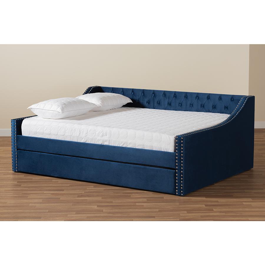 Navy Blue Velvet Fabric Upholstered Queen Size Daybed with Trundle. Picture 10