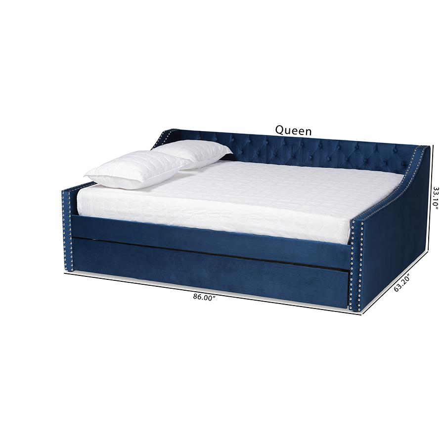 Navy Blue Velvet Fabric Upholstered Queen Size Daybed with Trundle. Picture 12