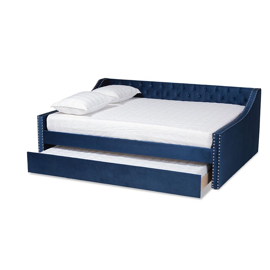 Navy Blue Velvet Fabric Upholstered Queen Size Daybed with Trundle. Picture 2