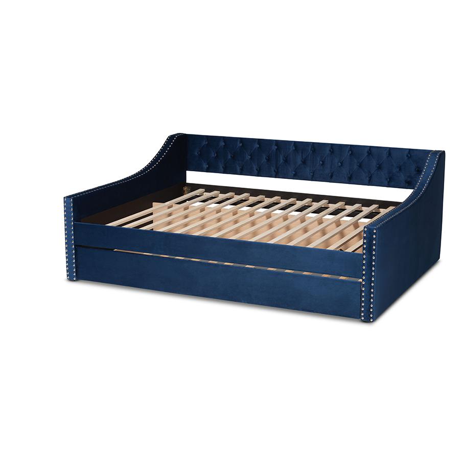 Navy Blue Velvet Fabric Upholstered Queen Size Daybed with Trundle. Picture 4
