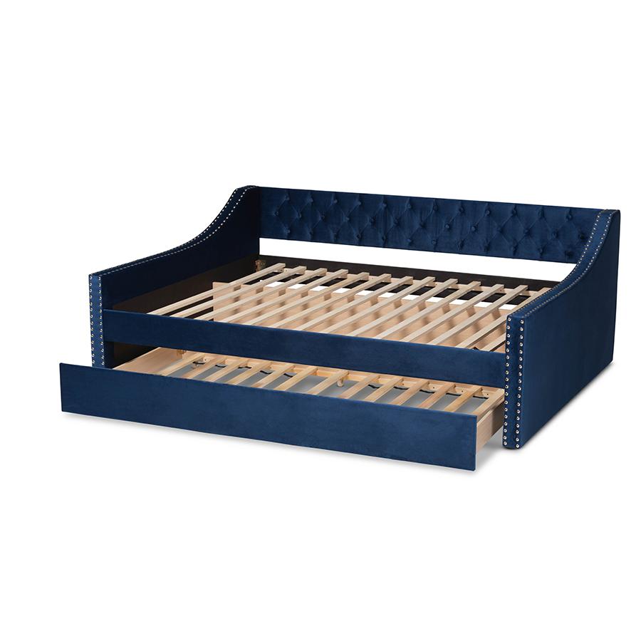 Navy Blue Velvet Fabric Upholstered Queen Size Daybed with Trundle. Picture 5
