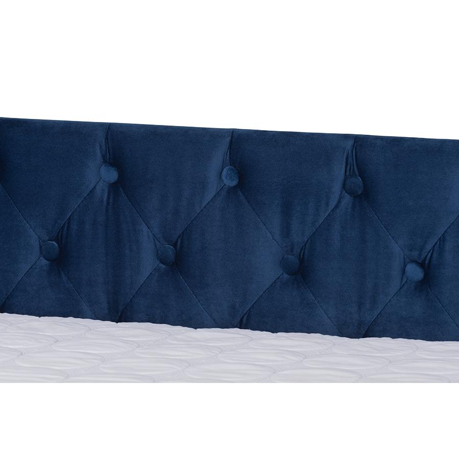 Navy Blue Velvet Fabric Upholstered Queen Size Daybed with Trundle. Picture 6