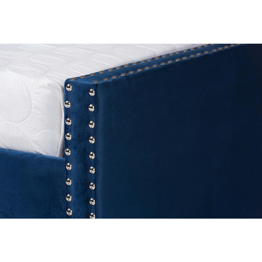Navy Blue Velvet Fabric Upholstered Queen Size Daybed with Trundle. Picture 7