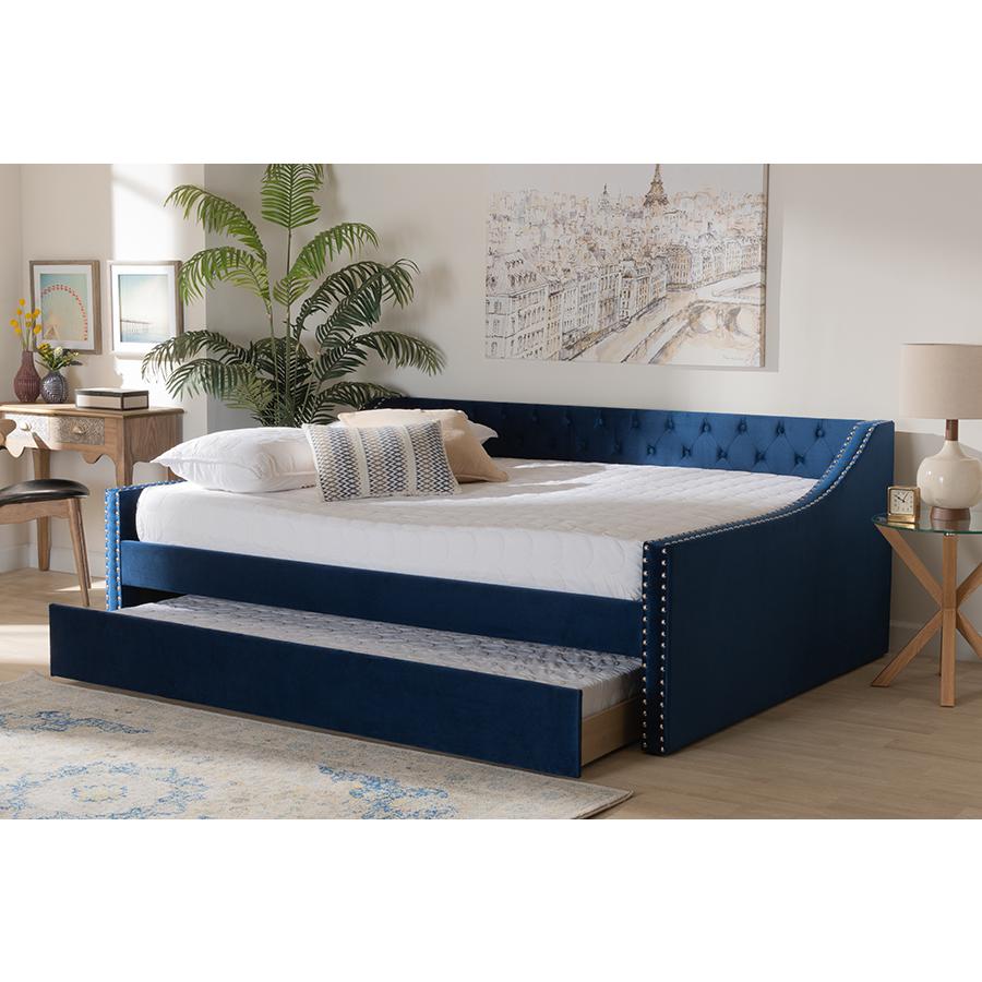 Navy Blue Velvet Fabric Upholstered Queen Size Daybed with Trundle. Picture 9