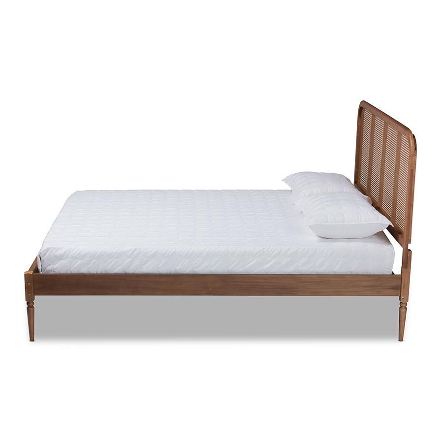 Walnut Brown Finished Wood and Synthetic Rattan Queen Size Platform Bed. Picture 2