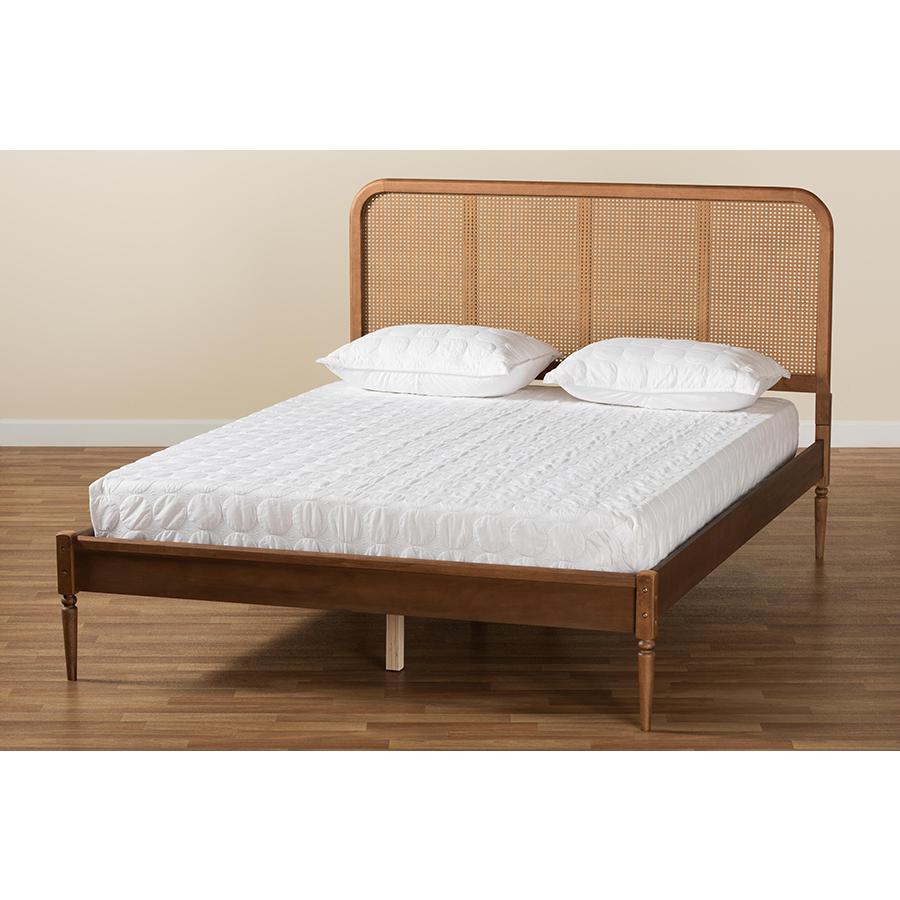 Walnut Brown Finished Wood and Synthetic Rattan Queen Size Platform Bed. Picture 8