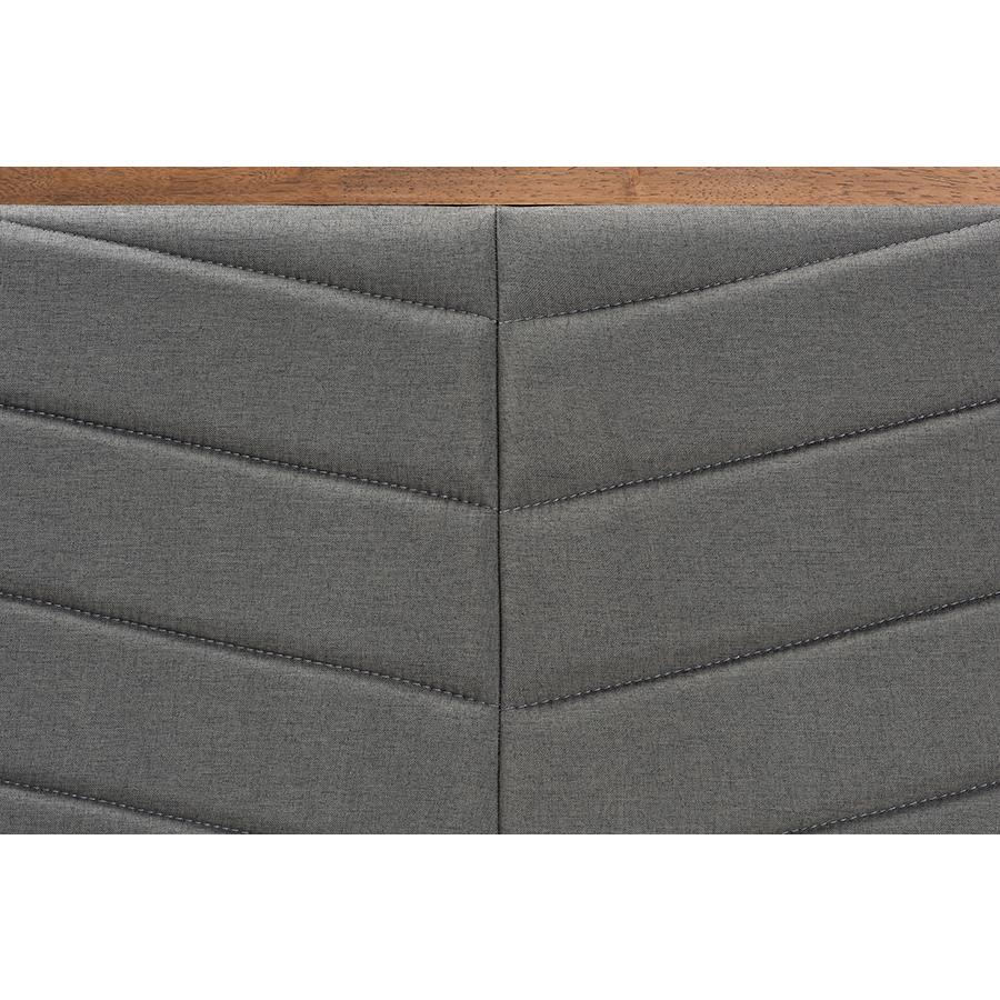 Dark Grey Fabric Upholstered and Walnut Brown Finished Wood King Size Headboard. Picture 3