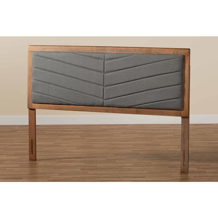 Dark Grey Fabric Upholstered and Walnut Brown Finished Wood King Size Headboard. Picture 5