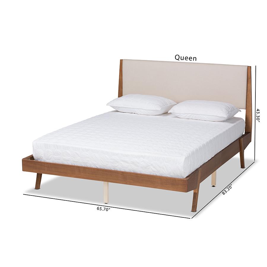 Beige Fabric Upholstered and Walnut Brown Finished Wood Queen Size Platform Bed. Picture 10