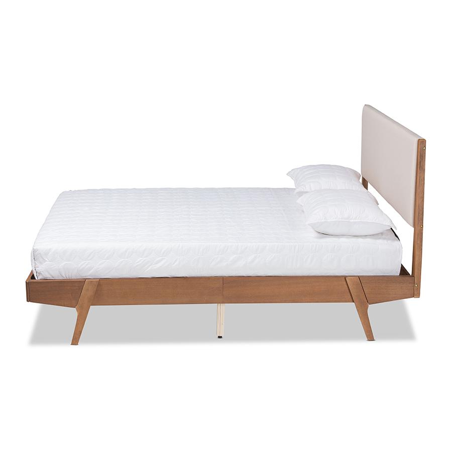 Beige Fabric Upholstered and Walnut Brown Finished Wood Queen Size Platform Bed. Picture 2
