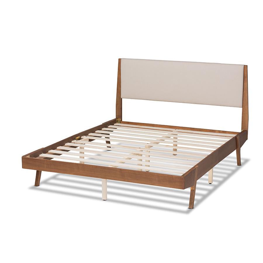 Beige Fabric Upholstered and Walnut Brown Finished Wood Queen Size Platform Bed. Picture 3