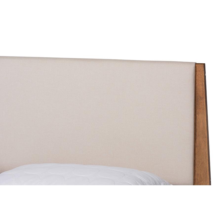 Beige Fabric Upholstered and Walnut Brown Finished Wood Queen Size Platform Bed. Picture 4