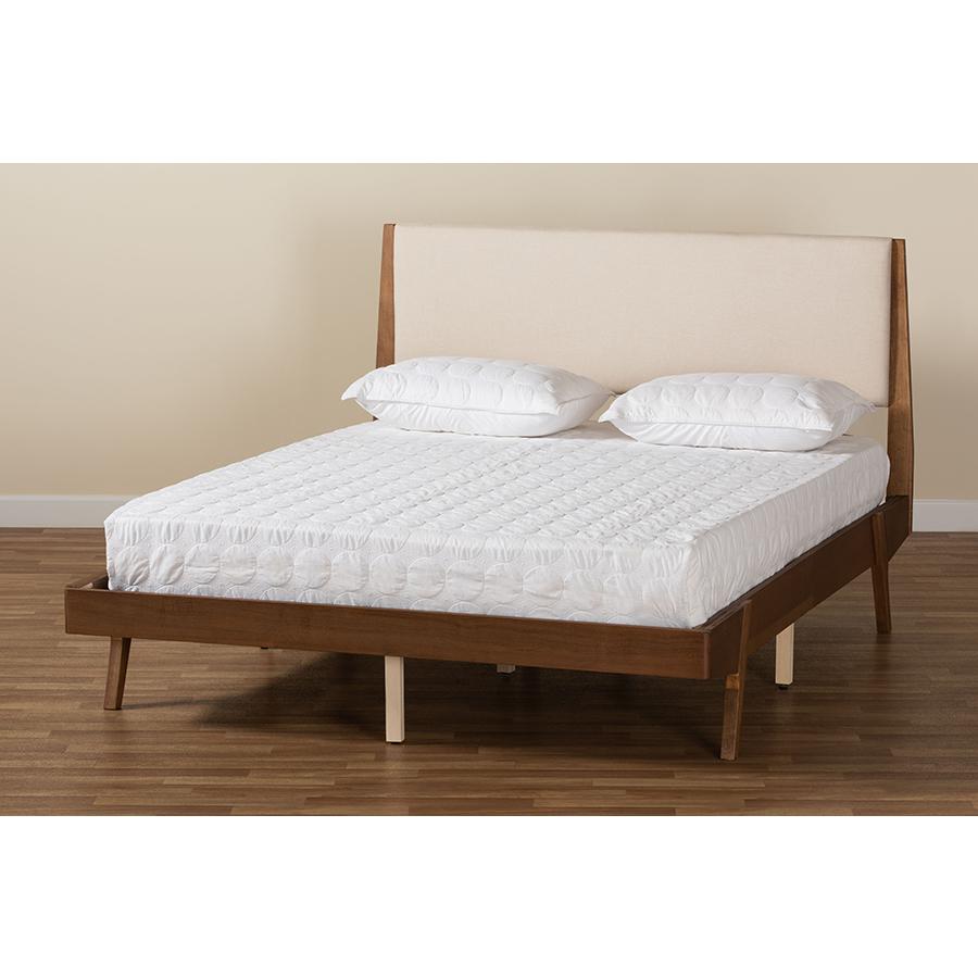 Beige Fabric Upholstered and Walnut Brown Finished Wood Queen Size Platform Bed. Picture 8