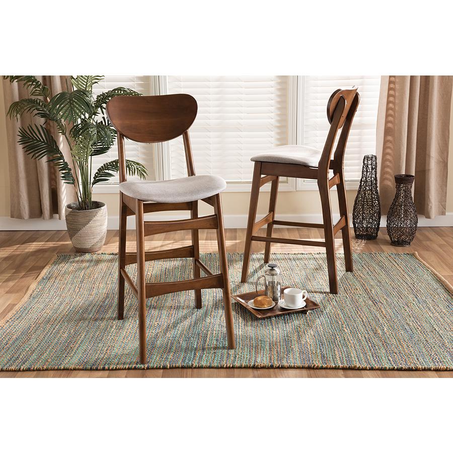 Grey Fabric Upholstered and Walnut Brown Finished Wood 2-Piece Bar Stool Set. Picture 17