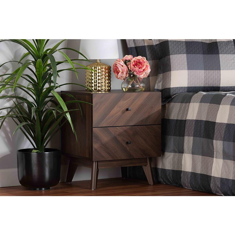 Hartman Mid-Century Modern Walnut Brown Finished Wood 2-Drawer Nightstand. Picture 21