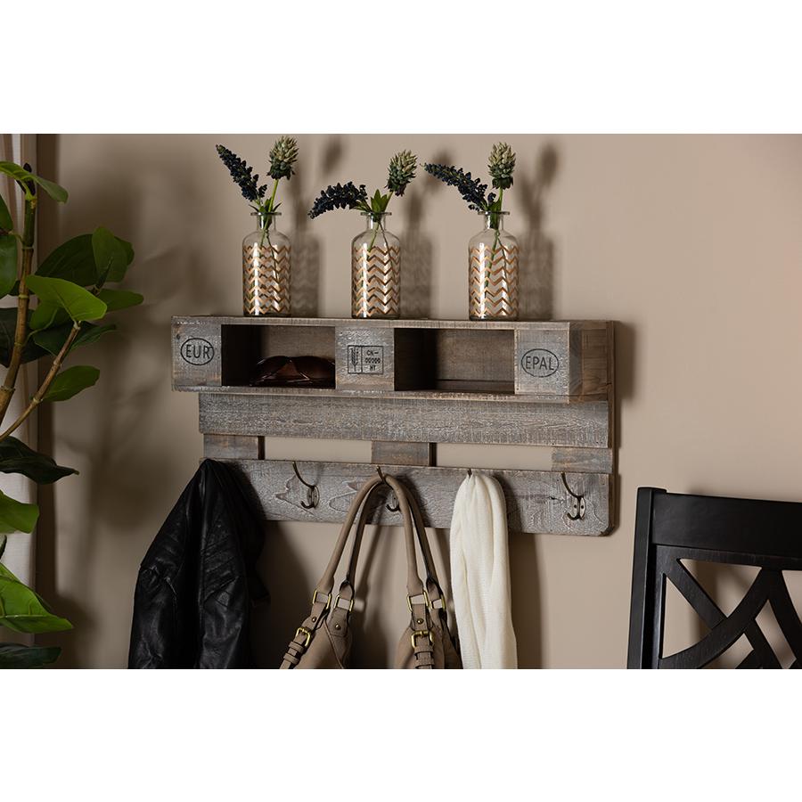 Rustic Whitewashed Grey Oak Finished Wood Wall Mounted Coat Rack with Shelves. Picture 11